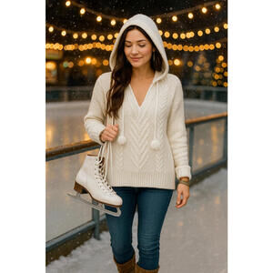 Preloved White Knit Hoodie Sweater Tassel V-Neck Boho Cozy Pullover Women’s S